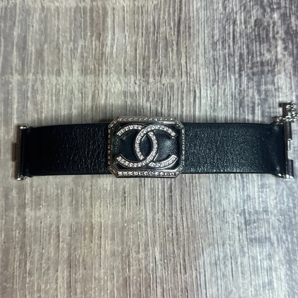 Stunning CHANEL Authentic Crystal Logo Bracelet with Leather Band.